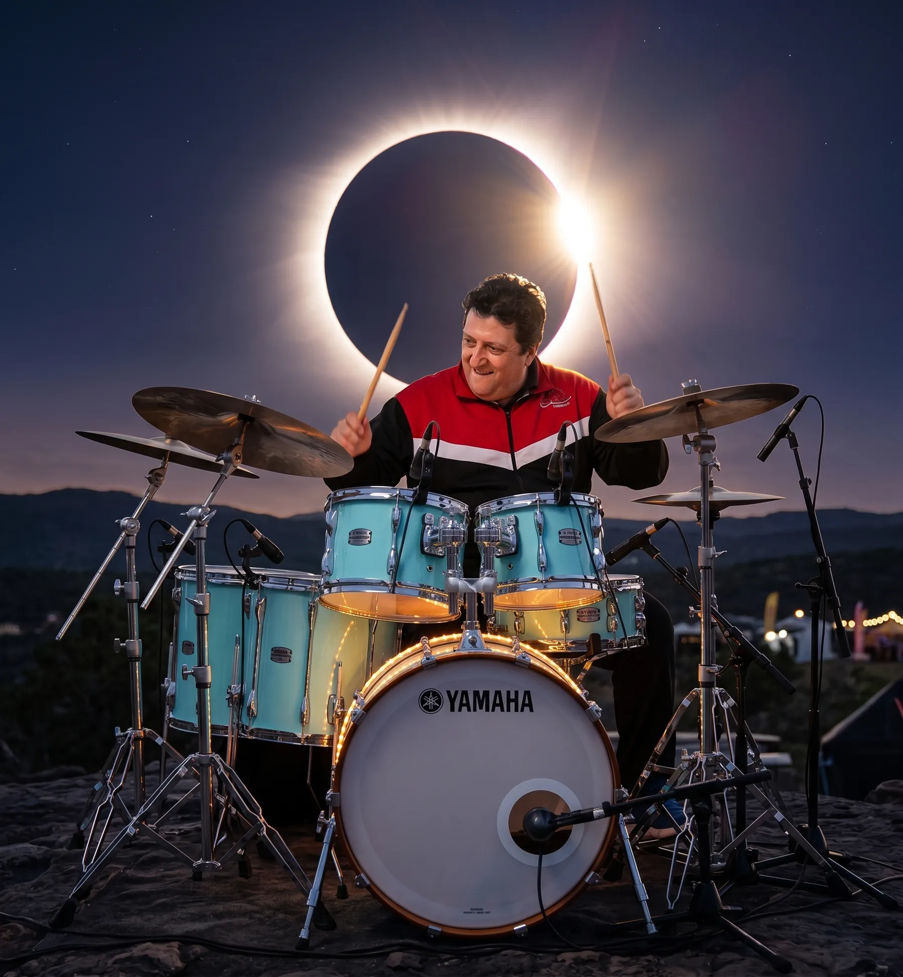 Fabián tocando la batería bajo un eclipse